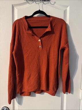 Rust Orange Knit Button Polo Sweater